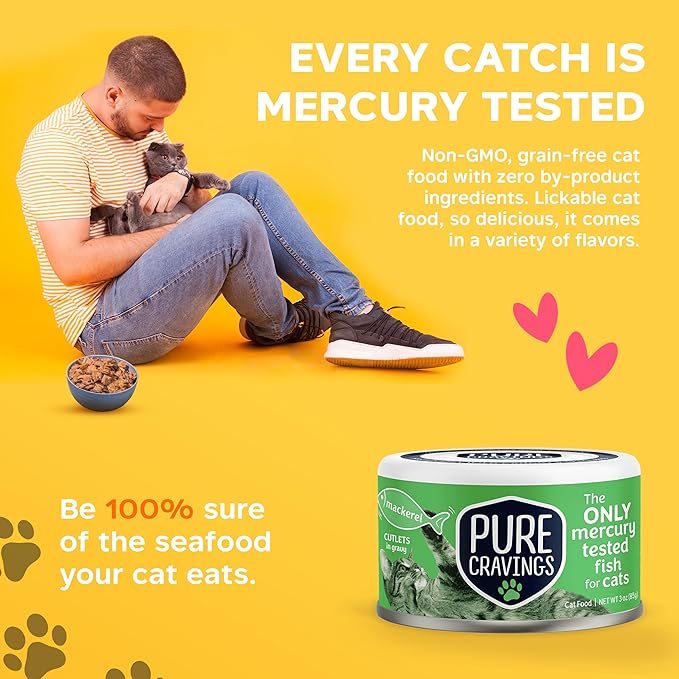 Pure Cravings Wet Cat Food Canned Mackerel Cutlets in Gravy, Every Catch is Mercury Tested, Moist Can Fish for Cats, Grain-Free, Protein, Non-GMO, Pack of 12