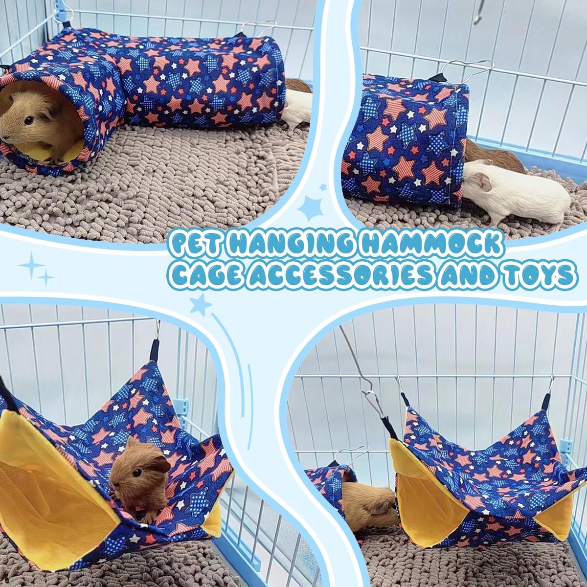 Guinea Pig Rat Tunnel Ferret Hammock, Small Animal Corner Tunnel & Tubes & Bed for Hedgehog Piggy Chinchilla Hideout Toys and Cage Accessories (3.Hammock&Tunnel)