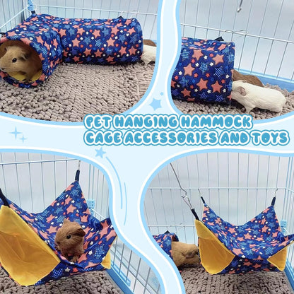Guinea Pig Rat Tunnel Ferret Hammock, Small Animal Corner Tunnel & Tubes & Bed for Hedgehog Piggy Chinchilla Hideout Toys and Cage Accessories (3.Hammock&Tunnel)