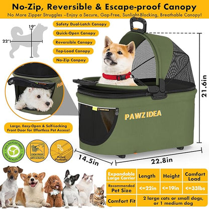 PAWZIDEA Pet Stroller 4 in 1, Dog Strollers with Detachable Carrier No-Zip Canopy, Portable Pet Crate for Car Seat Travel, Foldable & Lightweight Jogger for Small/Medium Dogs and Cats, Storage Basket