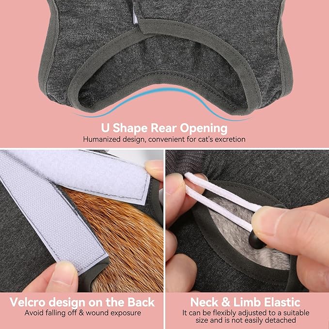 2 PCS Cat Recovery Suit for Spay Abdominal Wounds Female, Cat Onesie for Cats After Surgery, Pet Surgery Recovery Suit Kitten Onesie for Cats Anti Licking (Grey (2PCS), Small)