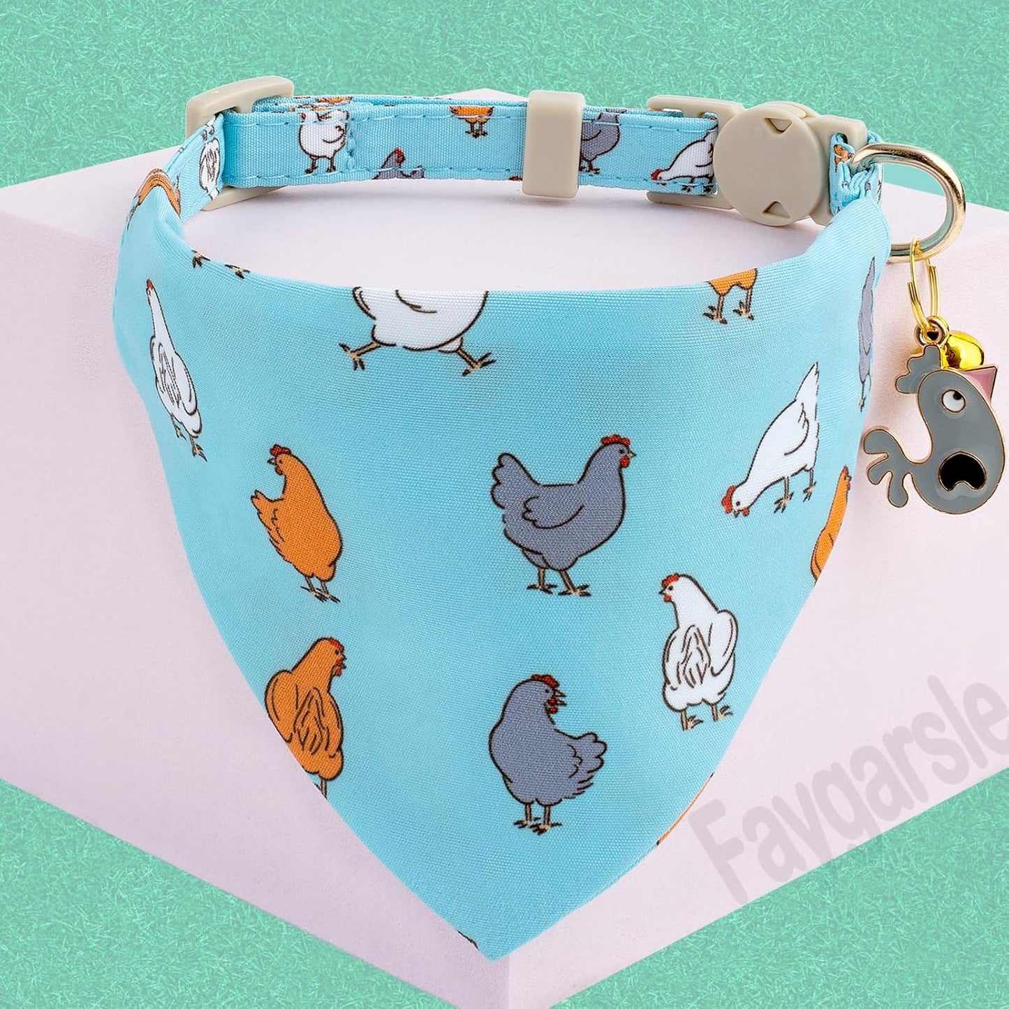 Faygarsle 2 Pack Chicken Pattern Cat Collar Set with Bandana and Bowtie, Light Blue, Breakaway Safety Clasp with Bell