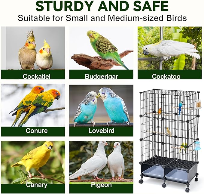 46-Inch Bird Cage, with Wooden Perches, Metal Parakeet Cage with Slide-Out Tray, Water Bottle & Feeder, Bird Cages for Parrot, Parakeets, Cockatiel, Lovebird, Pigeon and Small Mid-Sized Birds
