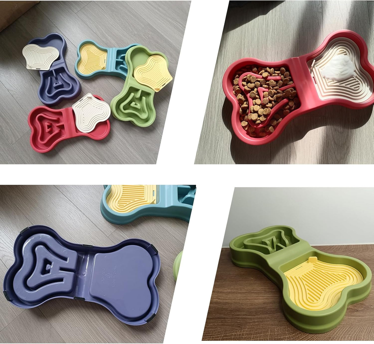 Bone Slow Feeder Bowl for Dogs Cats - 2-in-1 Lick Mat & Water Dish with 6 Non-Slip Pads, Food-Grade PP & Silicone Pet Bowl for Anti-Choking，Fun Feeding，Anxiety Relief (Purple)