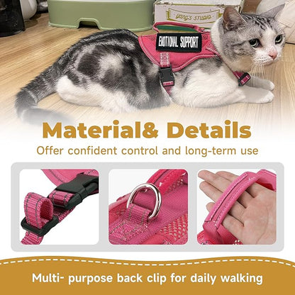 Tactical Cat Harness Adjustable Soft Padded Training Walking Esacpe Cat Vest Harness No-Pull Pet Harness Reflective with Easy Control Handle (Pink, Leash-XL)