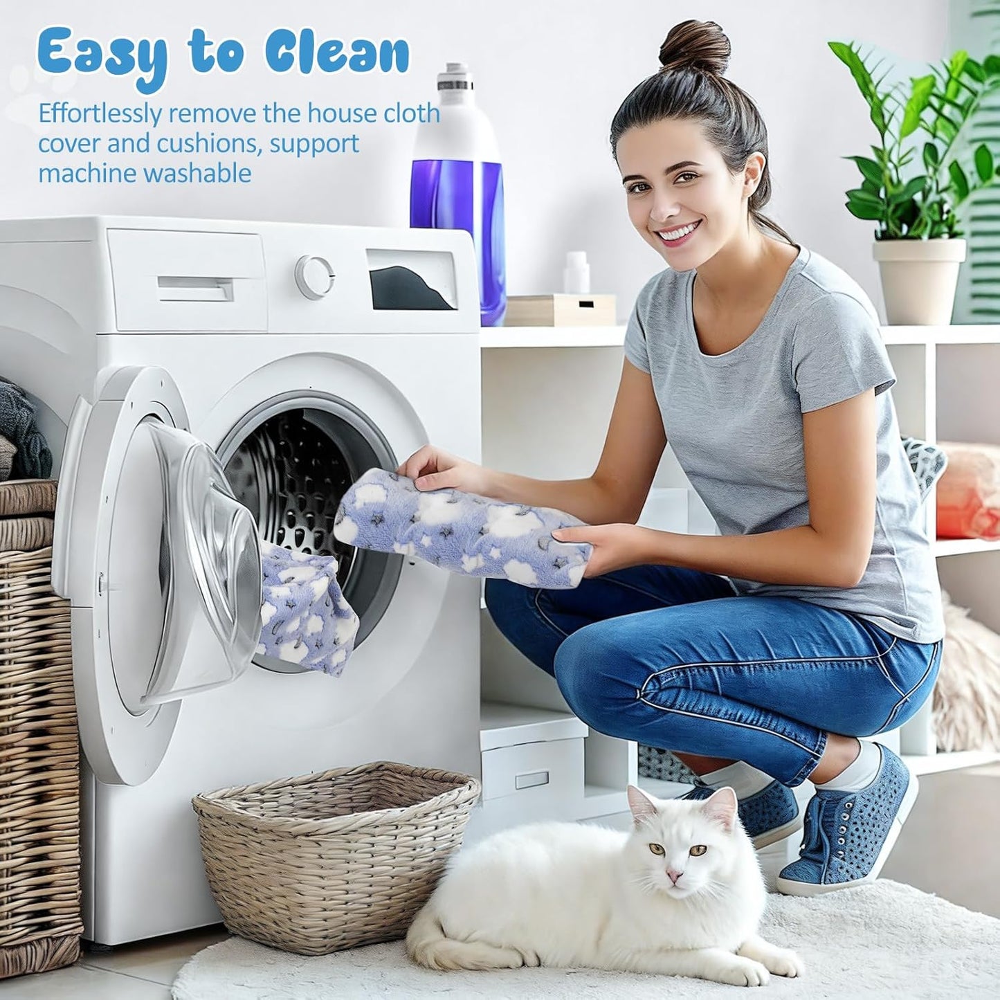 Pawaboo Cat Tunnel Bed, Cat Donut Tube with Square Kitten House, Soft Plush Cats Cave Tunnels with Washable Cushions, Foldable Kitten Bed Hideout with Fluffy Balls for Indoor Cats Rabbit Ferret, Blue