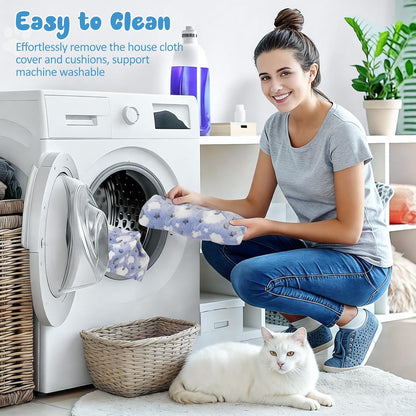 Pawaboo Cat Tunnel Bed, Cat Donut Tube with Square Kitten House, Soft Plush Cats Cave Tunnels with Washable Cushions, Foldable Kitten Bed Hideout with Fluffy Balls for Indoor Cats Rabbit Ferret, Blue