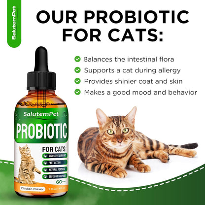 Probiotics for Cats for Digestive Support – Cat Probiotics for Indoor Cats Help with Colic, Upset Stomachs, Diarrhea, Gas, and Bloating – Prebiotics + Pleasant Chicken Flavor Inside – 2 Oz
