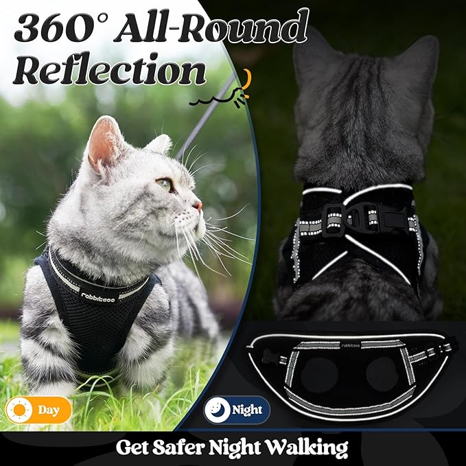 rabbitgoo Cat Harness and Leash Set for Walking Escape Proof, Adjustable Soft Kittens Vest with Reflective Strip for Cats, Comfortable Outdoor Vest, Black, S