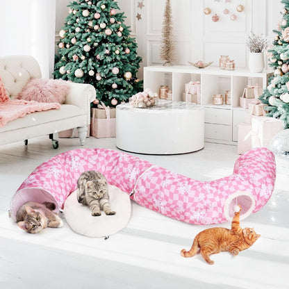 Christmas Cat Tunnel Bed Peekaboo Cat Cave Donut Under Christmas Tree Pink Checker with Snowflakes Hanging Ball Festive Decor Playground Toys Perfect for Medium Large Cats, Kittens, Rabbit, Ferret
