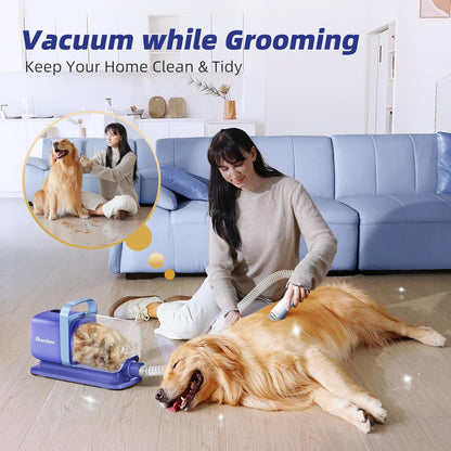 Dog Grooming Kit with Vacuum, All-in-One Pet Grooming Vacuum for Dogs and Cats, Low Noise Pet Hair Clipper & Shedding Brush, Dog Hair Remover, Cat Pet Groomer Set with Cleaning Brushes, Blue