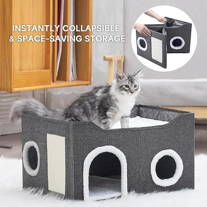 Cat House for Indoor Cats – Foldable Cat Cave & Covered Cat Bed, Cozy Hideaway for Small Pets and Large Cats (23.6"x16"x12.8"),Dark Grey