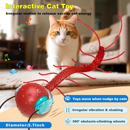 Interactive Cat Toys for Indoor Cats, Moving Cat Ball with Tail, Fast Rolling on Carpet, Chirping & Motion Activate