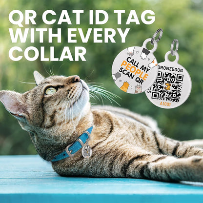 BRONZEDOG Leather Cat Collar with Removable Bells Non Breakaway Kitten QR Tag for Girl Boy (7" - 9" for Cats, Blue & Silver)