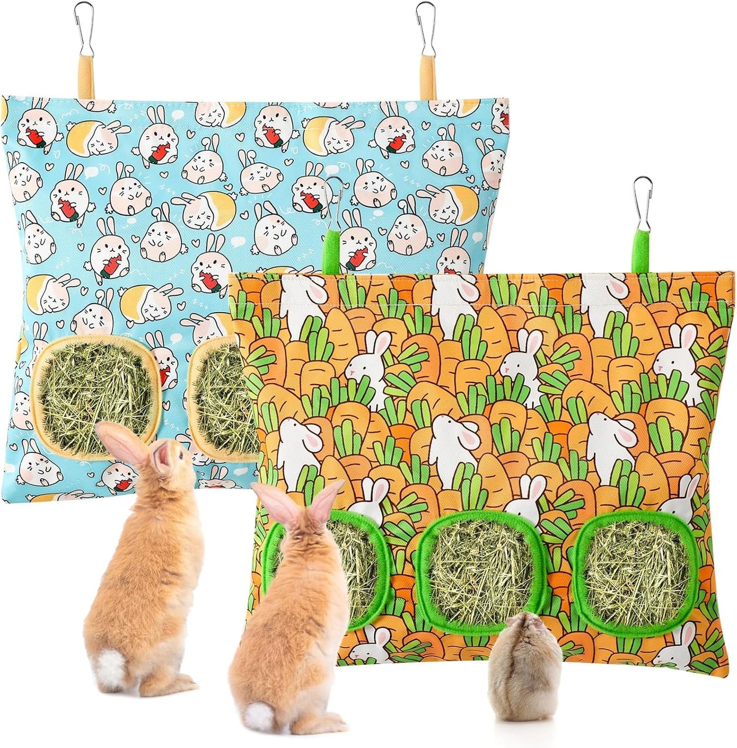 UPINS 2 Hay Bag for Rabbits 3-Hole Hanging Hay Feeder Guinea Pig Hay Bags, Hay Feeder for Rabbits Chinchillas Hamsters Small Pets and Animals