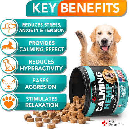 Advanced Calming Chews for Dogs - Hemp Dog Calming Chews - Anxiety Relief with Melatonin - Stress & Separation Anxiety - Sleep Aid + Hip and Joint Supplement Support - Made in USA - 70 Treats