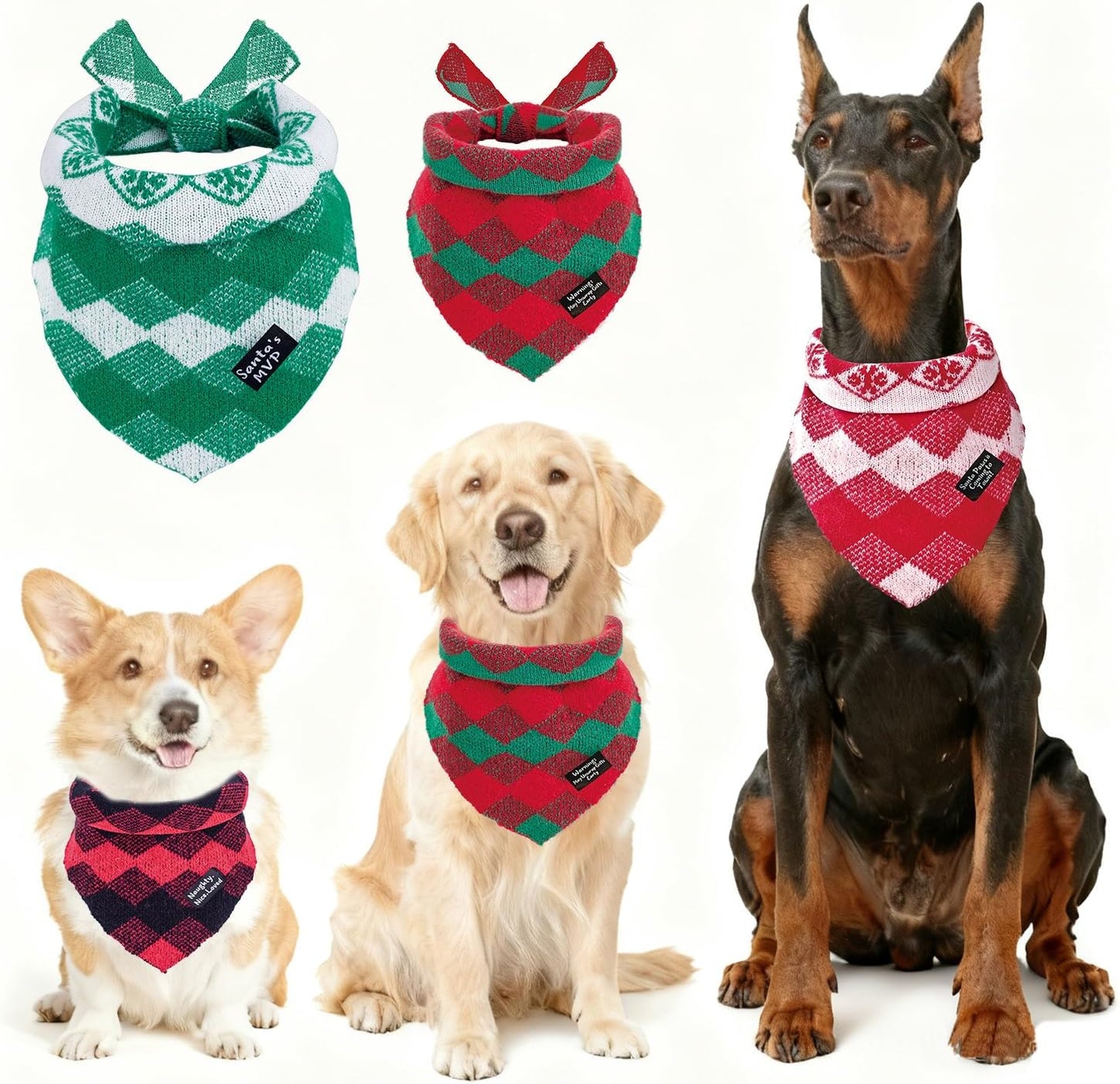 4-Pack Knitted Christmas Dog Bandanas with Slogans - Soft Warm Bandana for Small Medium, Cute Winter Dogs Accessories Boy & Girl Pets, Dog Gifts for Large Dogs, Scarf for Birthday Holiday