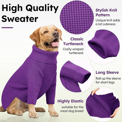 Queenmore Large Dog Sweater, Plaid Dog Sweaters for Large Dogs, Turtleneck Pet KintSweater with Check Pattern, Long Sleeve Holiday Pet Knitwear, Solid, Purple L