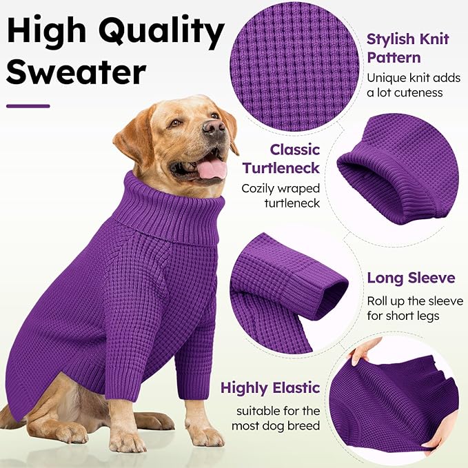 Queenmore XXL Dog Sweater, Large Dog Sweaters for Male Dogs, Turtleneck Plaid Kintsweaters for Large Breeds, Cold Weather Pullover Pet Clothes, Purple 2XL