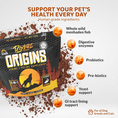 ROGUE PET SCIENCE Origins 5-in-1 Dog Supplement - Powdered Food Topper w/Natural Omega 3 Fish Oil - Supports Healthy Digestion, Skin, and Coat - Helps Reduce Itching & Joint Inflammation (2 lbs)