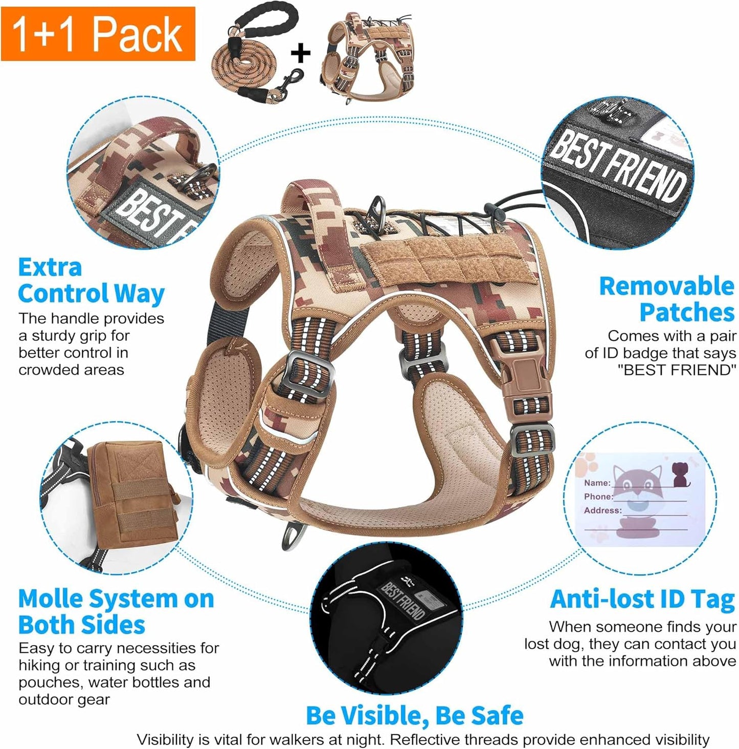 Heavy Duty Tactical Dog Harness for Large Dogs, No Pull Adjustable Pet Harness Reflective Service Training Easy Control Pet Vest Military K9 Working Dog Harnesses- Large, Desert Camo