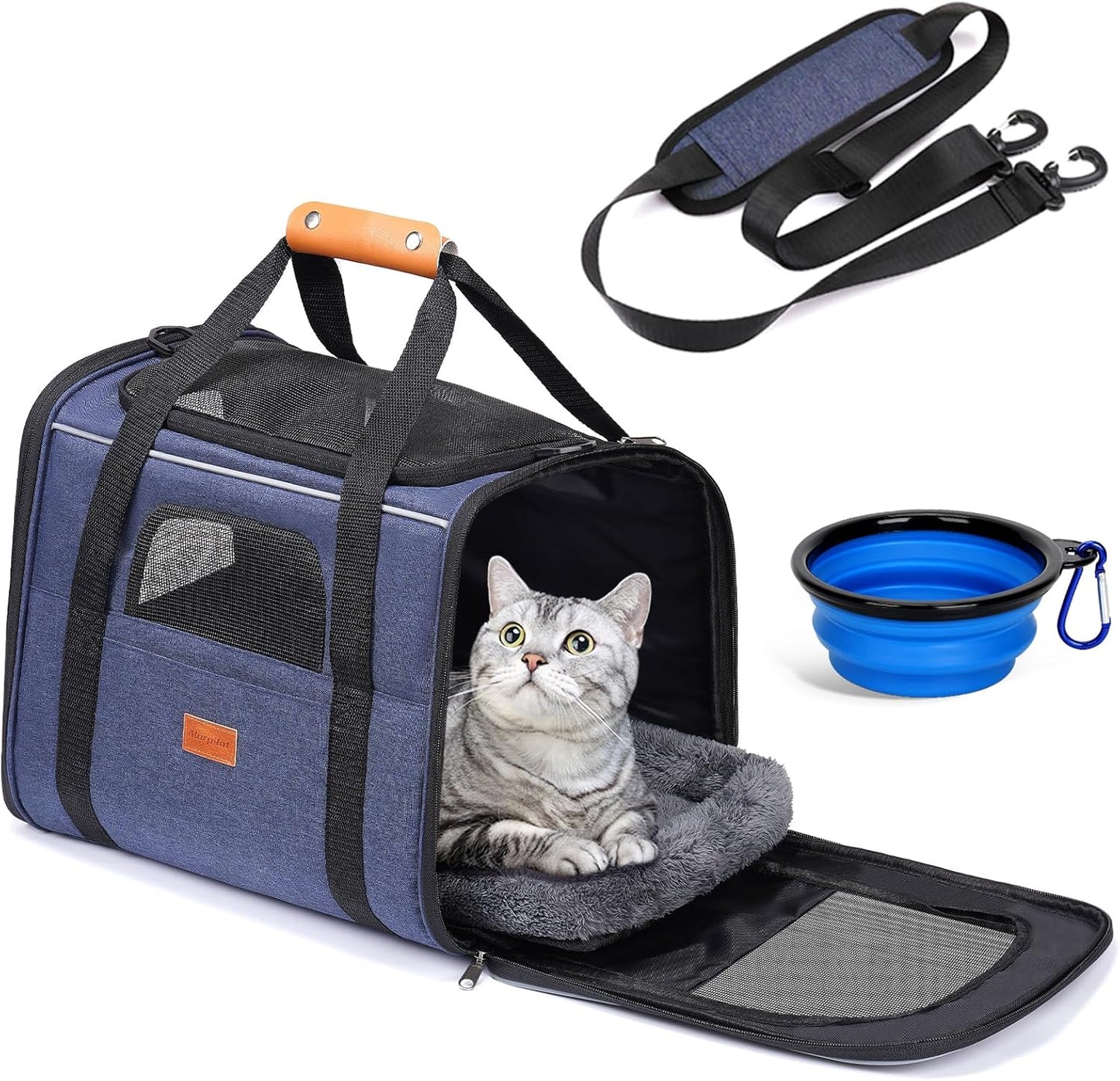 Morpilot Cat Carrier - Soft Sided Cat Carrier Large for Big Medium Cats and Puppy up to 18lbs, Pet Carrier with Safety Zippers, Foldable Bowl, Airline Approved Large Dog Carrier - Light Blue
