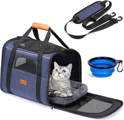 Morpilot Cat Carrier - Soft Sided Cat Carrier Large for Big Medium Cats and Puppy up to 18lbs, Pet Carrier with Safety Zippers, Foldable Bowl, Airline Approved Large Dog Carrier - Light Blue
