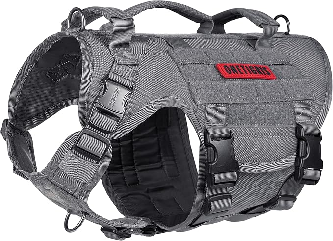 OneTigris Large Tactical Dog Harness, No Pulling Adjustable Dog Vest Harness, Heavy Duty Dog Harness with Handle, Large Hook and Loop Panels for Patch(Grey,S)