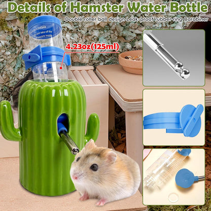 PINVNBY Ceramic Hamsters Hideout, Cactus Ceramic Dwarf Hideout, Hamster Water Bottle, Sand Bath, Food Bowl & 125ML Water Bottle Holder for Dwarf Hamster Cage Accessories