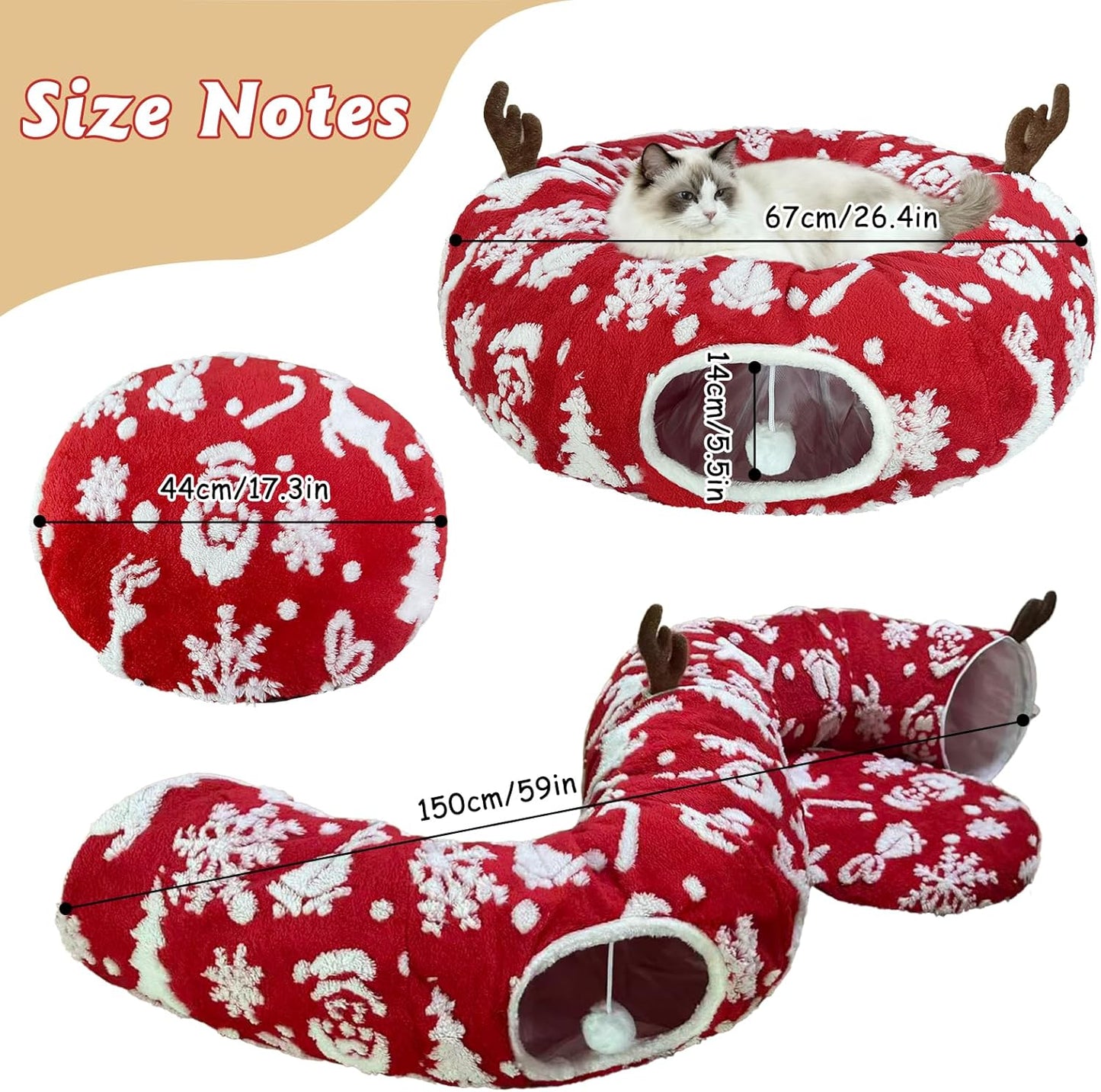 Cat Tunnel Bed for Indoor Cats, Soft Plush Donut Peekaboo Cat Cave, Multifunctional Playground Toy for Small Medium Large Cats, Kittens, Rabbits, Ferrets, with Washable Cushion (Christmas Red)