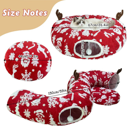 Cat Tunnel Bed for Indoor Cats, Soft Plush Donut Peekaboo Cat Cave, Multifunctional Playground Toy for Small Medium Large Cats, Kittens, Rabbits, Ferrets, with Washable Cushion (Christmas Red)