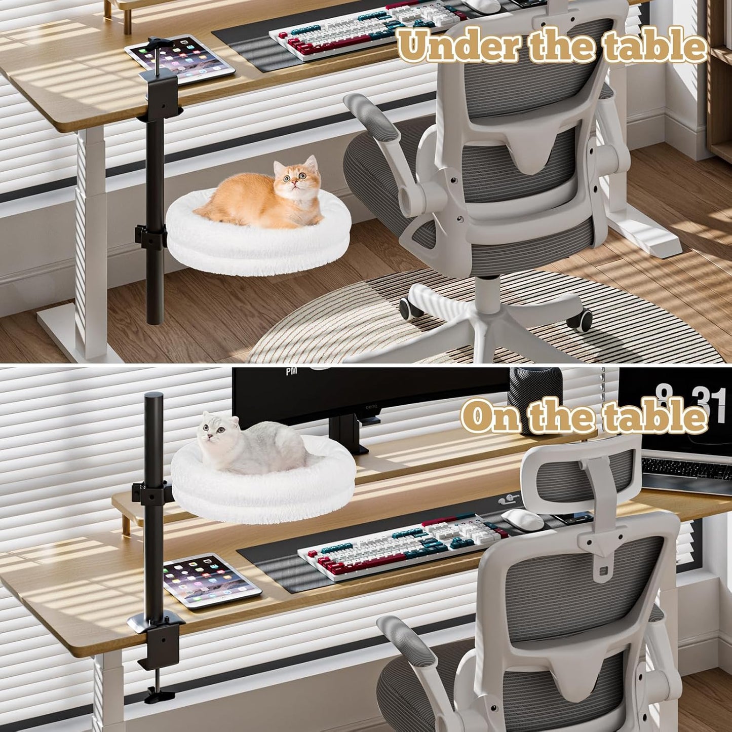 Cat Desk Bed, Supports Up to 50 lbs, Comfortable Soft Perch, Nest Bed Attachment Round Cat Hammock for Desk 360° Rotating & Adjustable Height (White)
