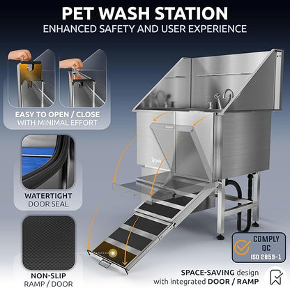 KANIS Professional Dog Washing Station - 304 Stainless Steel Pet Wash Sink & Grooming Bathtub w/Shower, Floor Grates and Storage for Large, Medium & Small Pets (40", 1 Drawer - Right Ramp)