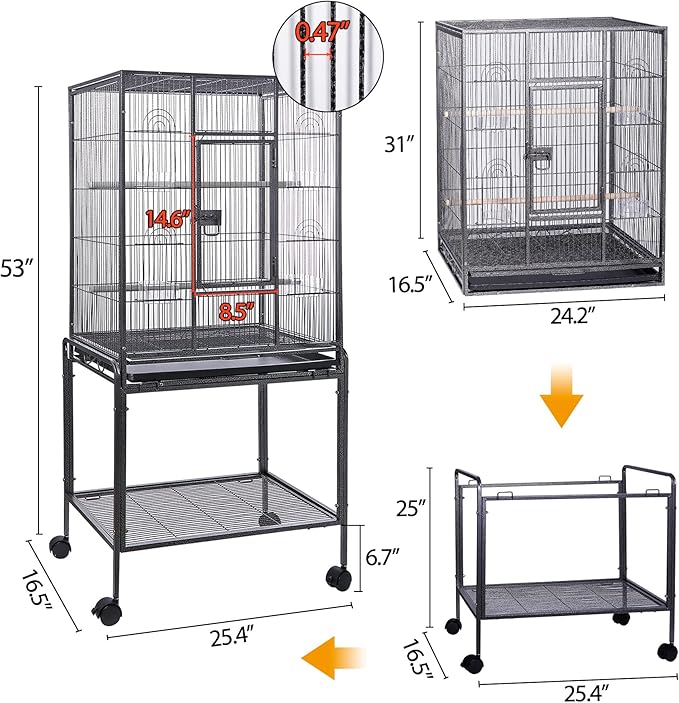 HSM 53 Inch Wrought Iron Large Bird Flight Cage with Rolling Stand for African Grey Parrot Cockatiel Sun Parakeet Conure Lovebird Canary