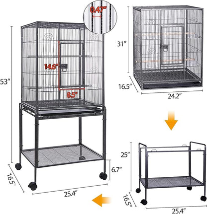 HSM 53 Inch Wrought Iron Large Bird Flight Cage with Rolling Stand for African Grey Parrot Cockatiel Sun Parakeet Conure Lovebird Canary