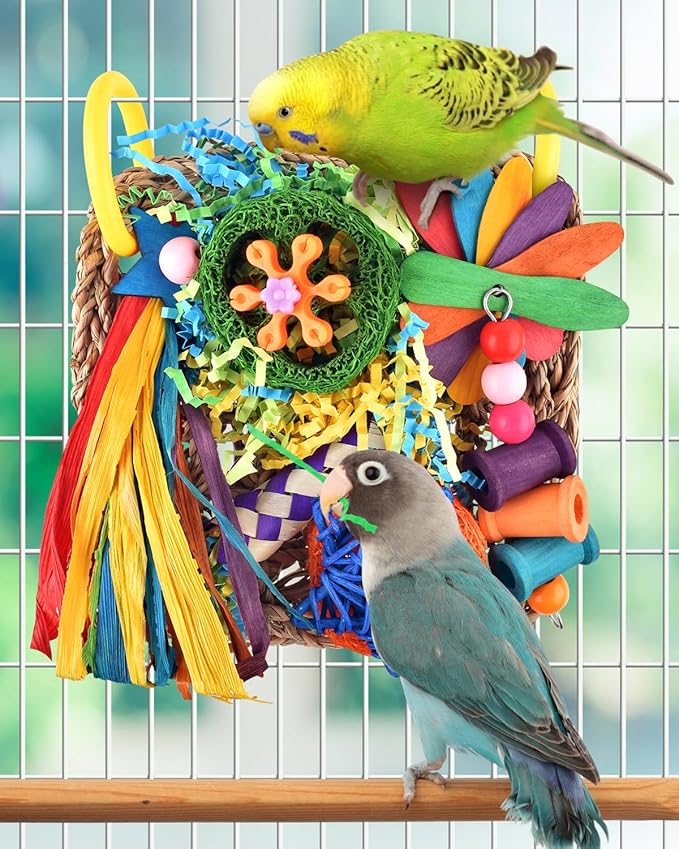 ERKOON Bird Cockatiel Toys Foraging Toys Hanging Parrot Toys for Lovebrid Parakeets Conures Bird Foraging Wall with Colorful Toys for Birds Shredding Seagrass, Birds Cage Toy Accessories