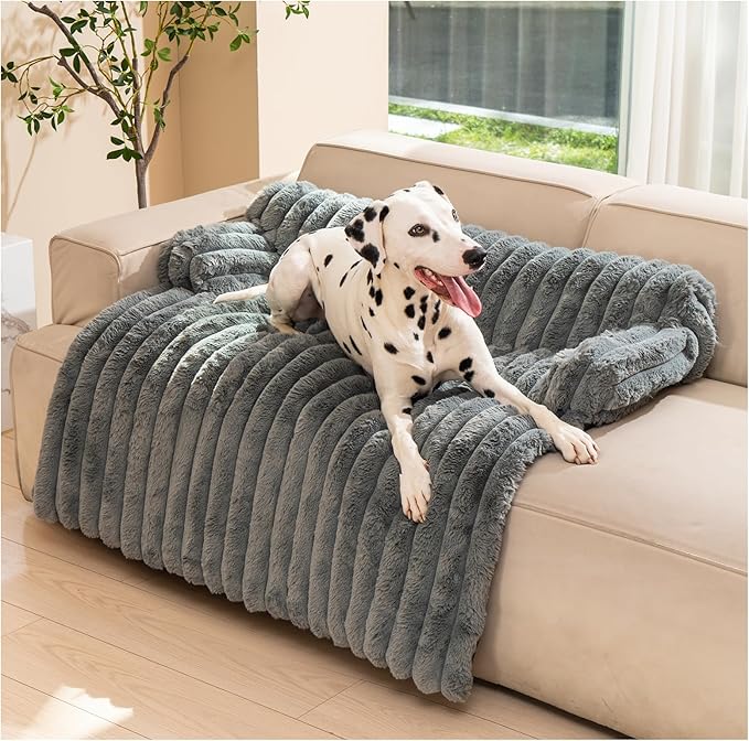 Avont Dog Bed Mat for Couch, Warm Fluffy Calming Sofa Topper Furniture Protector for Small Medium Large Dogs Cats with Removable Washable Cover -Darkgrey(L)