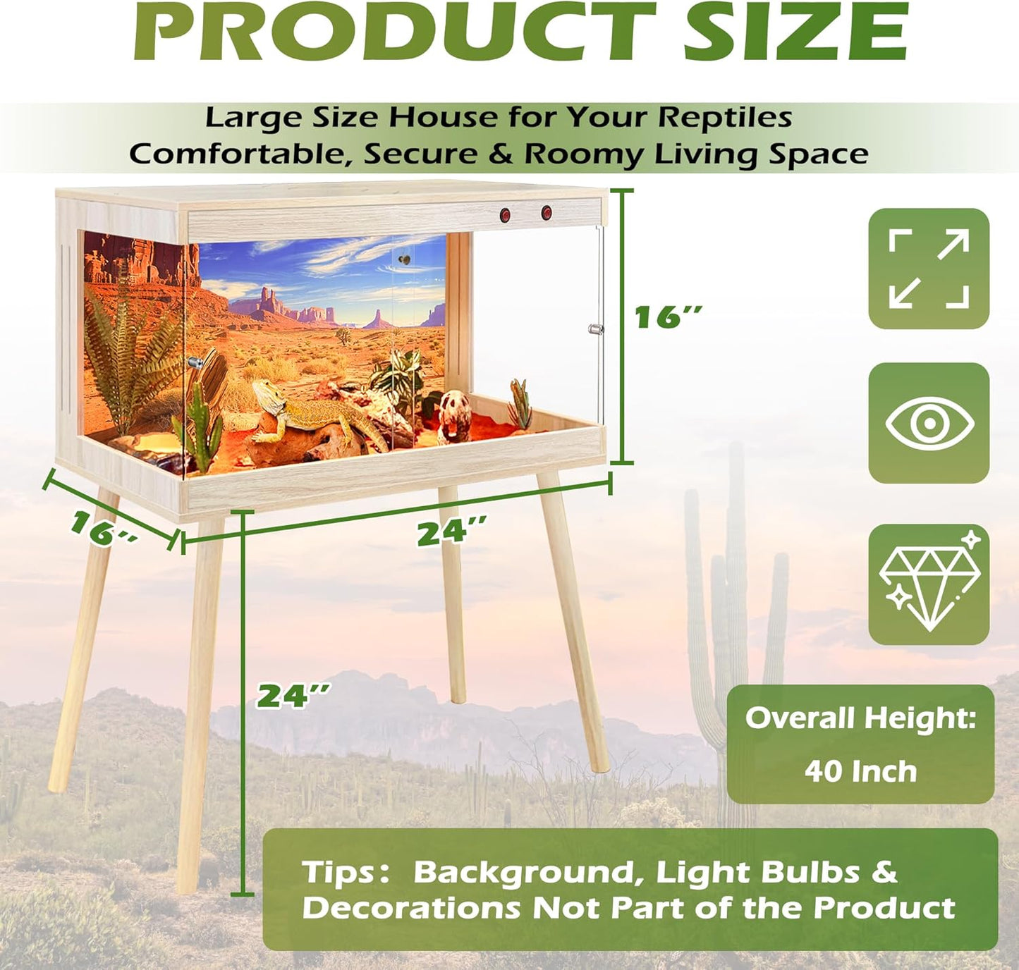 Royxen Tempered Glass Bearded Dragon Tank,24 Gallon Reptile Tank with Leg Stand,Built-in Lighting Reptile Enclosure Scartch-Proof Bearded Dragon Encloure for Chameleon,Snake,Lizard(Oak,24"x 16"x 16")