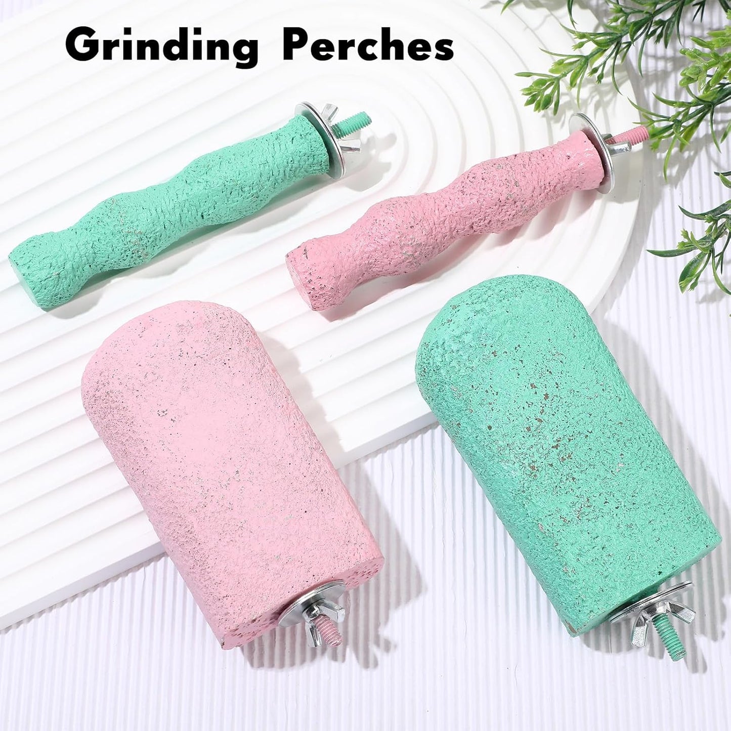 Soulchen 4 Pcs Bird Beak Grinding Calcium Stone Perches Parrot Teeth Mouth Molar Cage Accessories Platform Paw Grinding Sticks Jumping Stand for Macaws Parakeets Finches Cockatiel(Green,Pink)