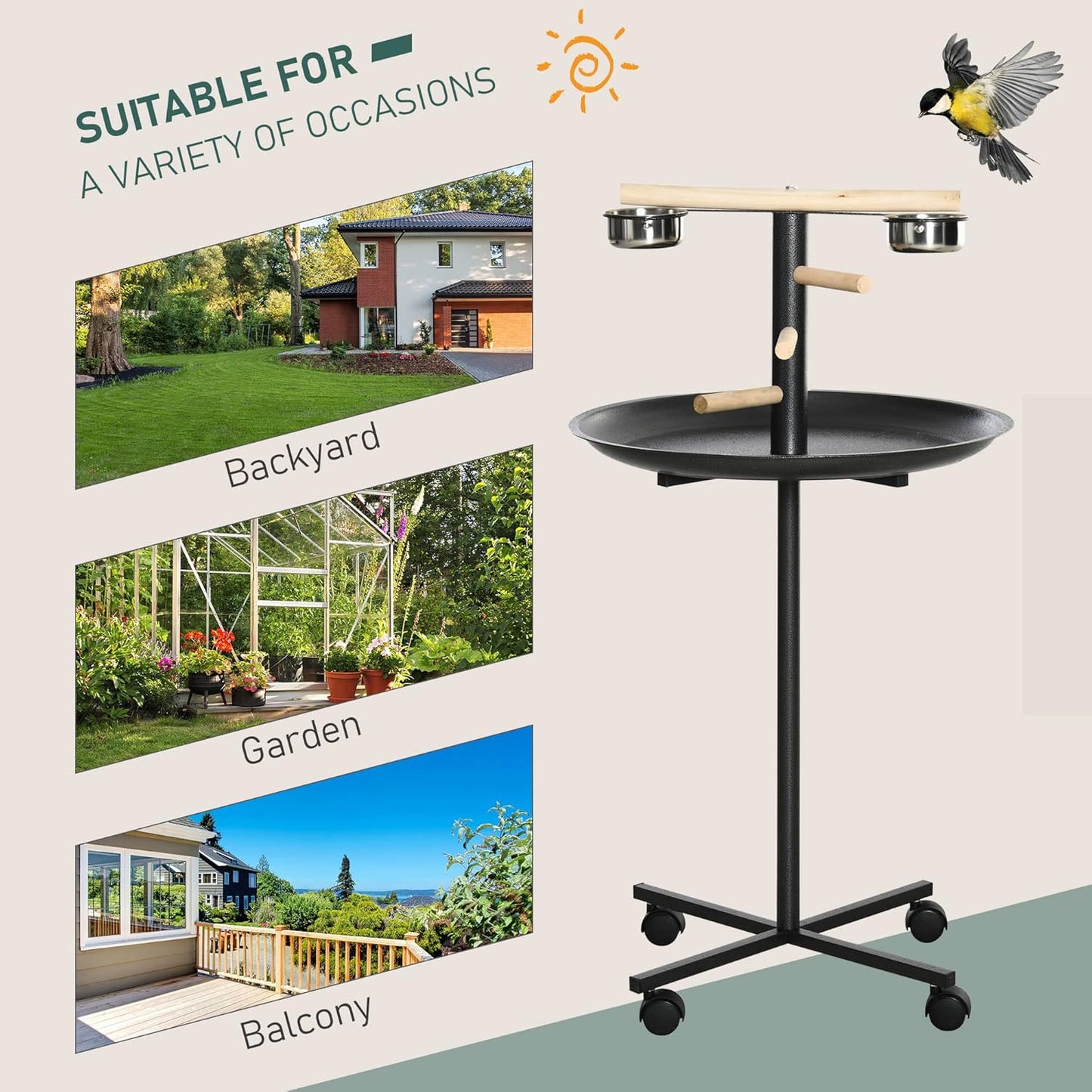 PawHut Bird Play Stand, Portable Parrot Perch, Bird Feeder Station, with Four Wheels, Stainless Steel Feeding Bowls, Round Tray, Grey