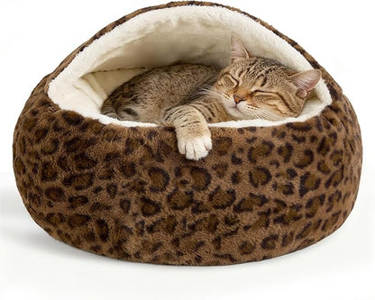 Calming Dog Beds & Cat Cave Bed with Hooded Cover,Removable Washable Round Beds for Small Medium Pets,Anti-Slip Faux Fur Fluffy Coved Bed for Improved Sleep,Fits up to 15/25 lbs(Leopard Print,S)
