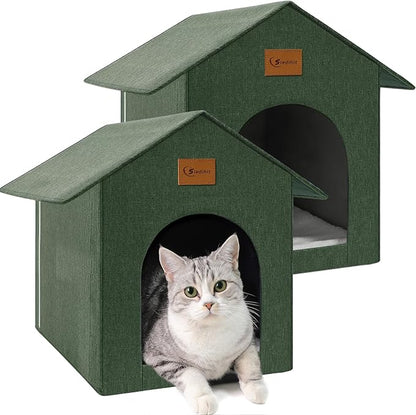 Outdoor Cat House Feral Cat Shelter,Outside Waterproof Cat House for Outdoor/Indoor Cats, Insulated Cat Bed for All Seasons with Cozy Cushion Easy to Assemble, Olive Green, 2 Pack