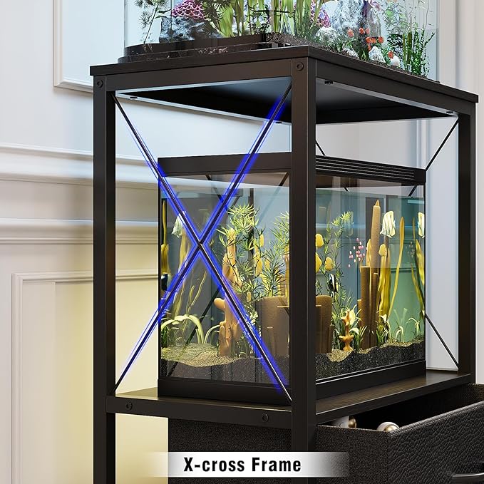 Aquarium Stand 10 Gallon with 2-Tier Shelf, Fish Tanks Stand with 2 Drawers, Metal Frame Heavy Duty Reptile/Turtle Tank Stand for Home Office, Fish Tanks Accessories Storage, Black