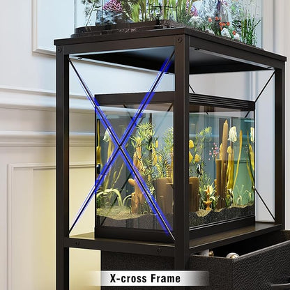 Aquarium Stand 10 Gallon with 2-Tier Shelf, Fish Tanks Stand with 2 Drawers, Metal Frame Heavy Duty Reptile/Turtle Tank Stand for Home Office, Fish Tanks Accessories Storage, Black