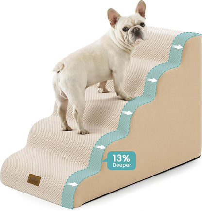Wide Dog Stairs for Small Dog 22.6" H, Curved Pet Step for Puppy, Older Cat, Curved Ramp for High Bed or Car, Ladder with High Density Foam, Durable, 5 Step, 17.7x33x22.6 inch, Beige