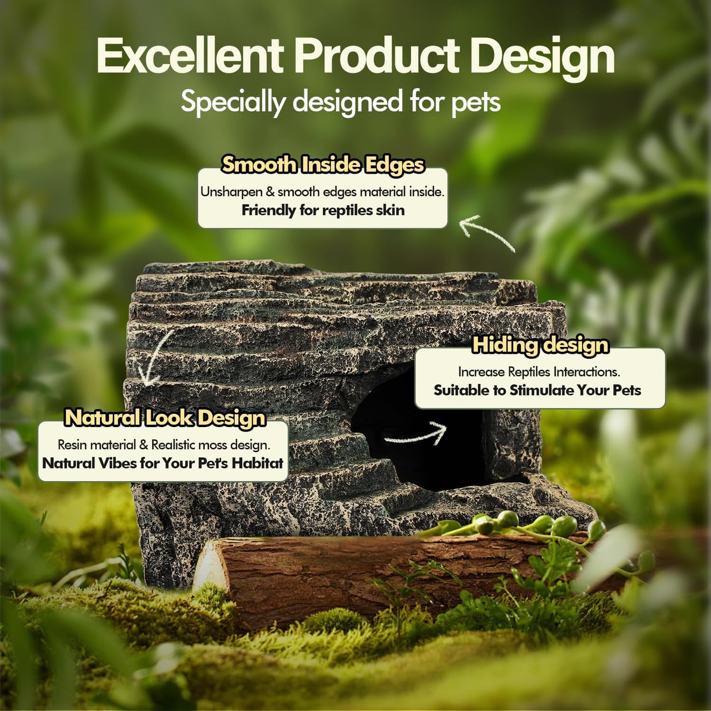 Reptile Hide, Great for Geckos, Snakes, Bearded Dragons & Lizards. with Steps for Rock Climbing, It Doubles as Aquarium Rock Cave Corner Cave for Climbing Hiding. (Stone, A-XLarge)