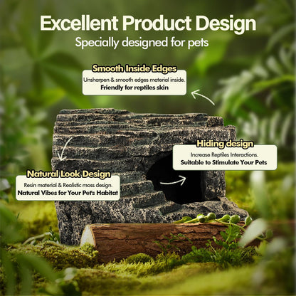 Reptile Hide, Great for Geckos, Snakes, Bearded Dragons & Lizards. with Steps for Rock Climbing, It Doubles as Aquarium Rock Cave Corner Cave for Climbing Hiding. (Stone, A-XLarge)