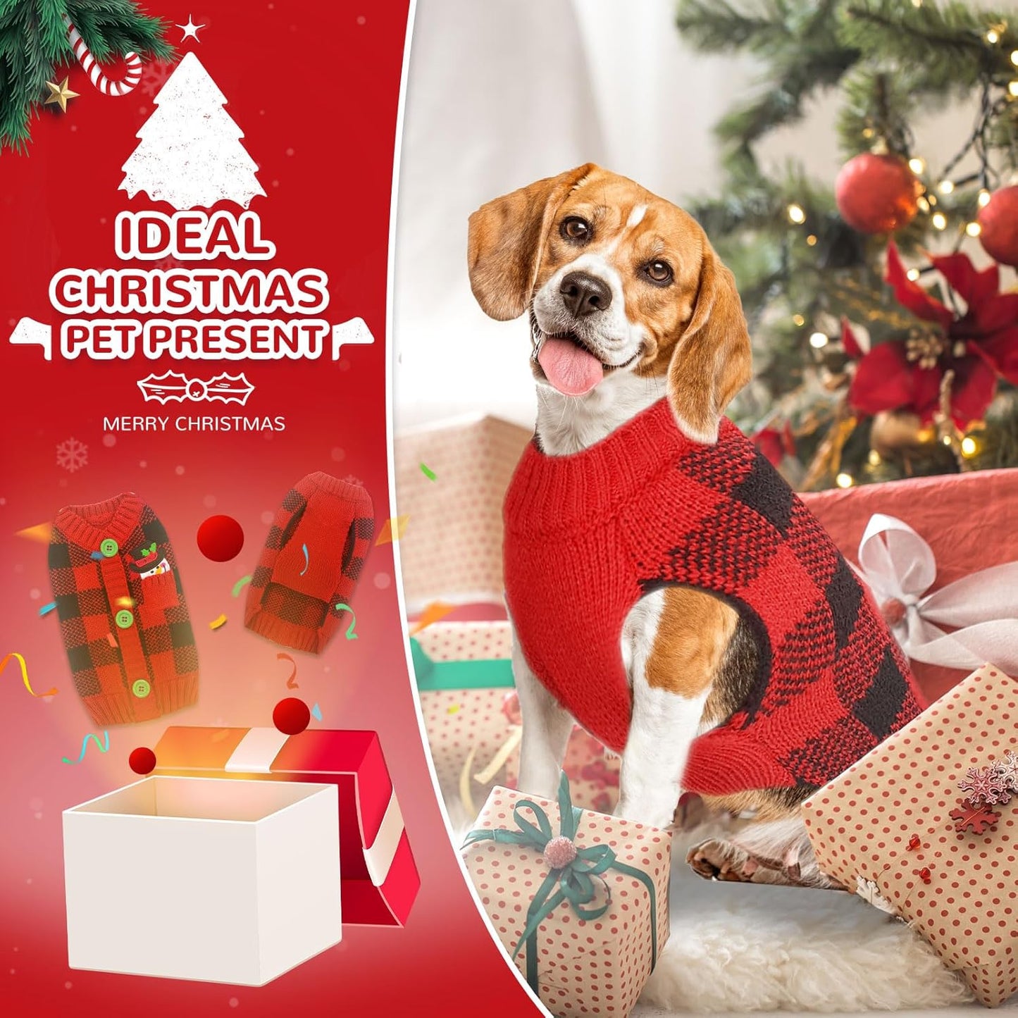 PETCARE Dog Christmas Sweater V-Neck Warm Knitted Puppy Sweaters Vest Cute Red Plaid Snowman Xmas Clothes Outfit for Small Medium Large Dogs Cat Pet Pullover (Decorative Buttons. Can't Untie)