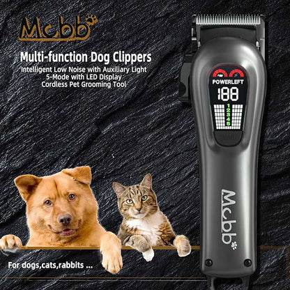 MCBB Dog Clippers - Low Noise, 5-Mode Heavy-Duty with LED Display, Rechargeable, Cordless Pet Grooming Tool