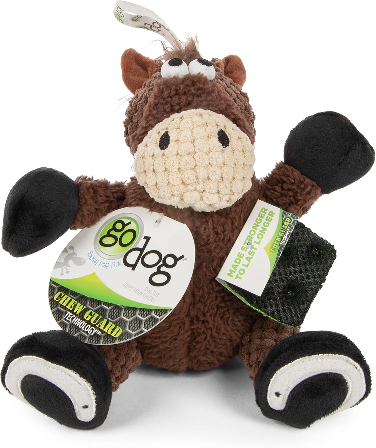 goDog Checkers Sitting Horse Squeaky Plush Dog Toy, Chew Guard Technology - Brown, Small